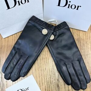 Dior Black Leather Logo Button Gloves